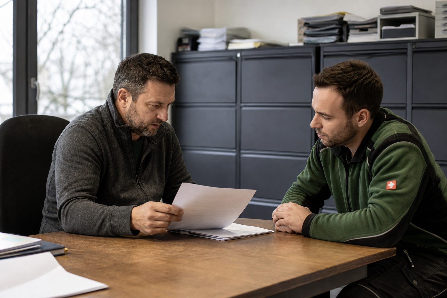 Inhaber eines Landschaftsbaubetriebs sitzt mit einem Mitarbeiter im Büro, ein Schreiben liegt auf dem Tisch