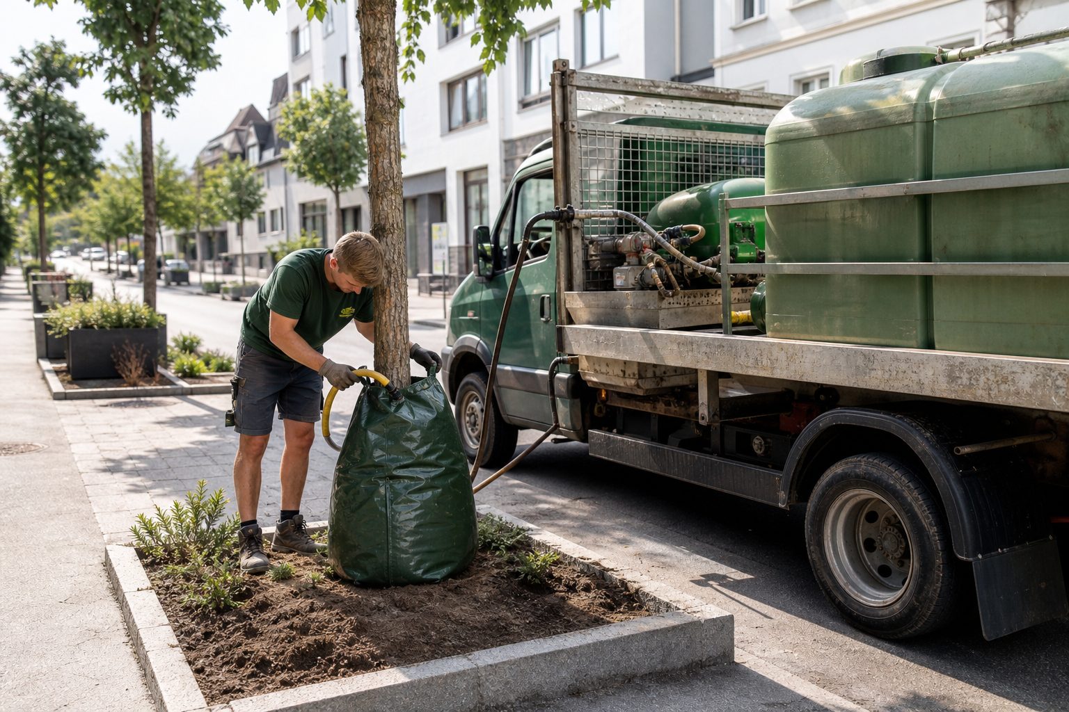 Landschaftsgärtner füllt einen Bewässerungssack an einem frisch gepflanzten Straßenbaum aus dem Wassertank eines Pritschenwagens