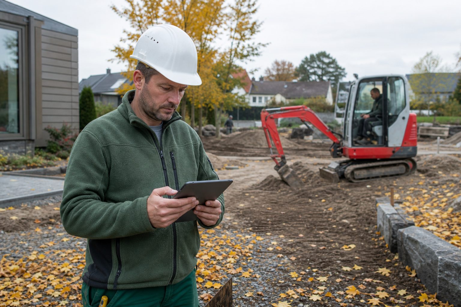 Bauleiter mit Tablet und Bauplan auf einer Baustelle im Herbst, im Hintergrund Bagger und Laub