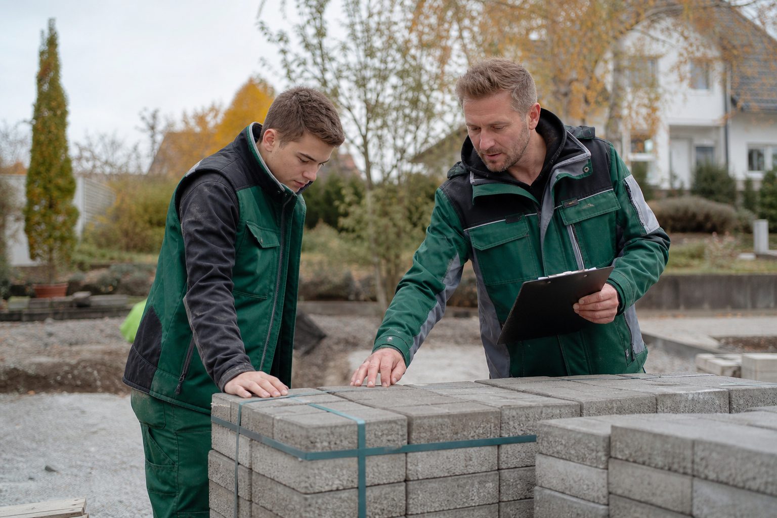 Auszubildender zählt mit dem Ausbilder Pflastersteine auf einer Palette, Baustelle im Herbst