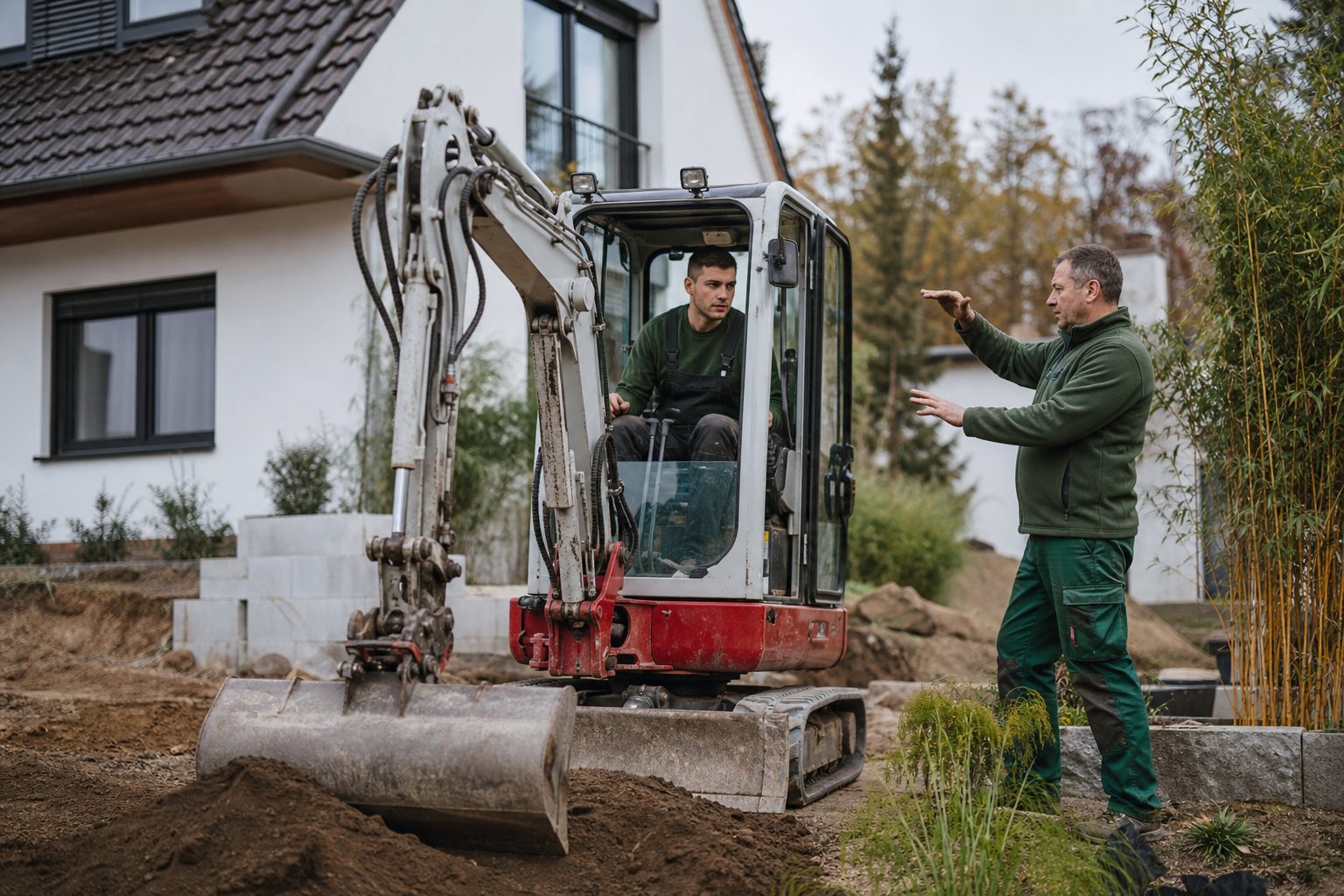 Junger Maschinenführer im Minibagger auf einer Gartenbaustelle, Ausbilder steht daneben und gibt Handzeichen