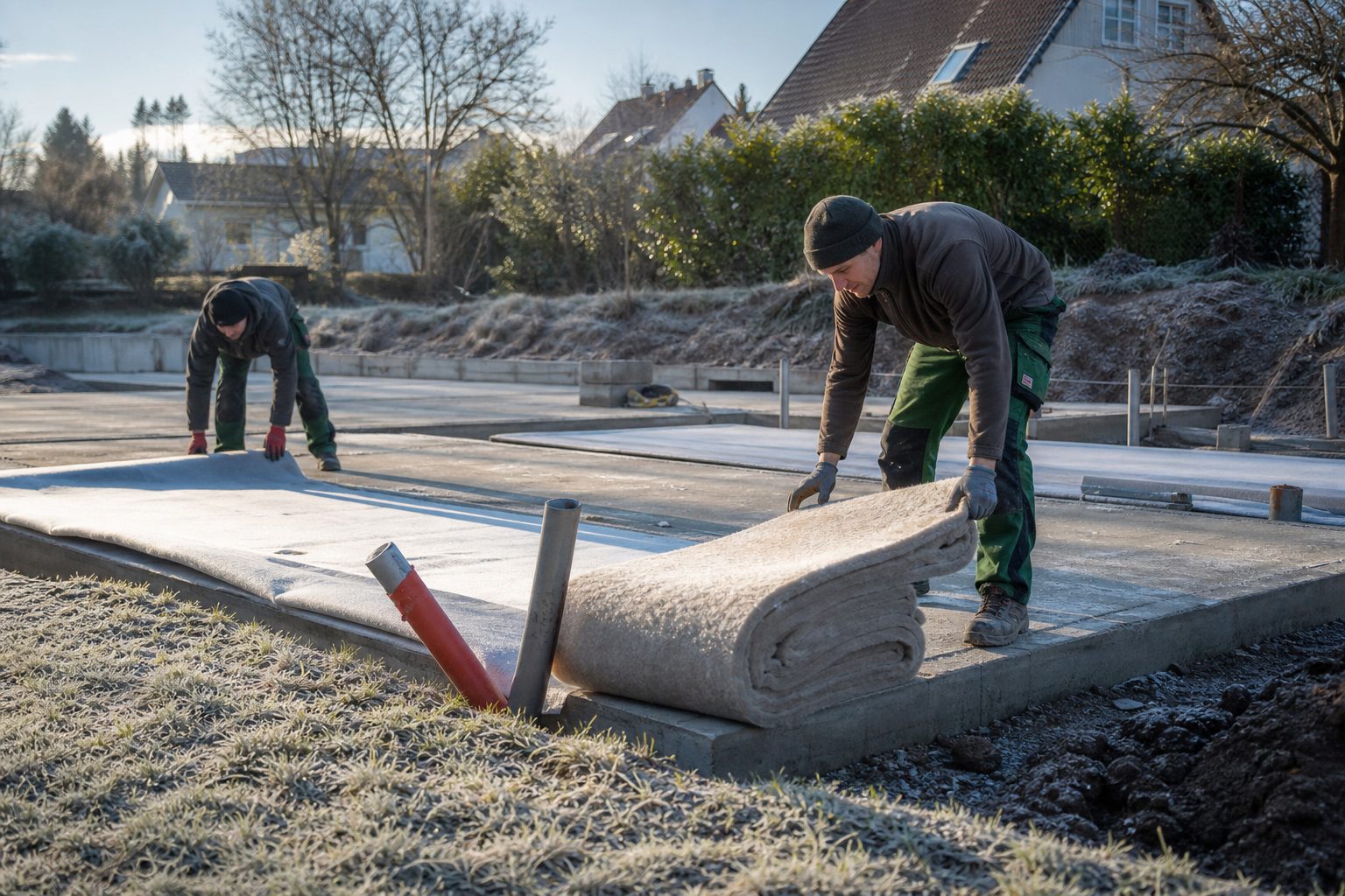 Landschaftsgärtner deckt frisch gesetzte Betonfundamente mit Wärmedämmmatten ab, Raureif auf der Baustelle