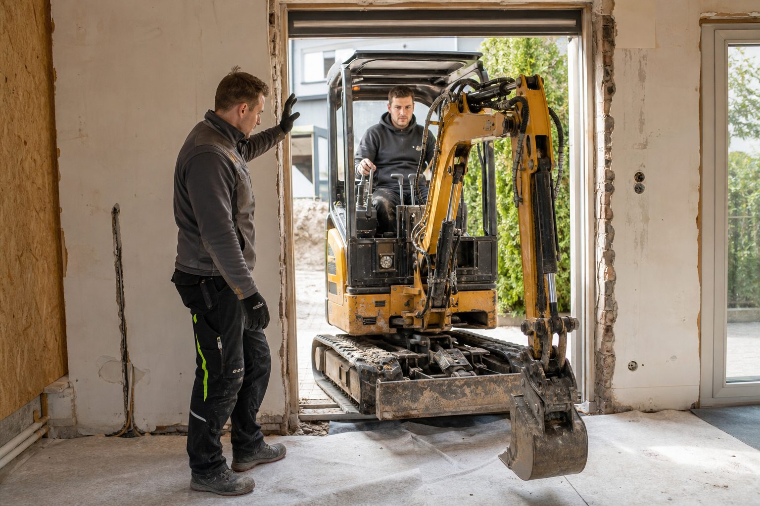 Sehr schmaler Minibagger fährt durch eine Terrassentür in ein Haus, Abbruch im Innenraum