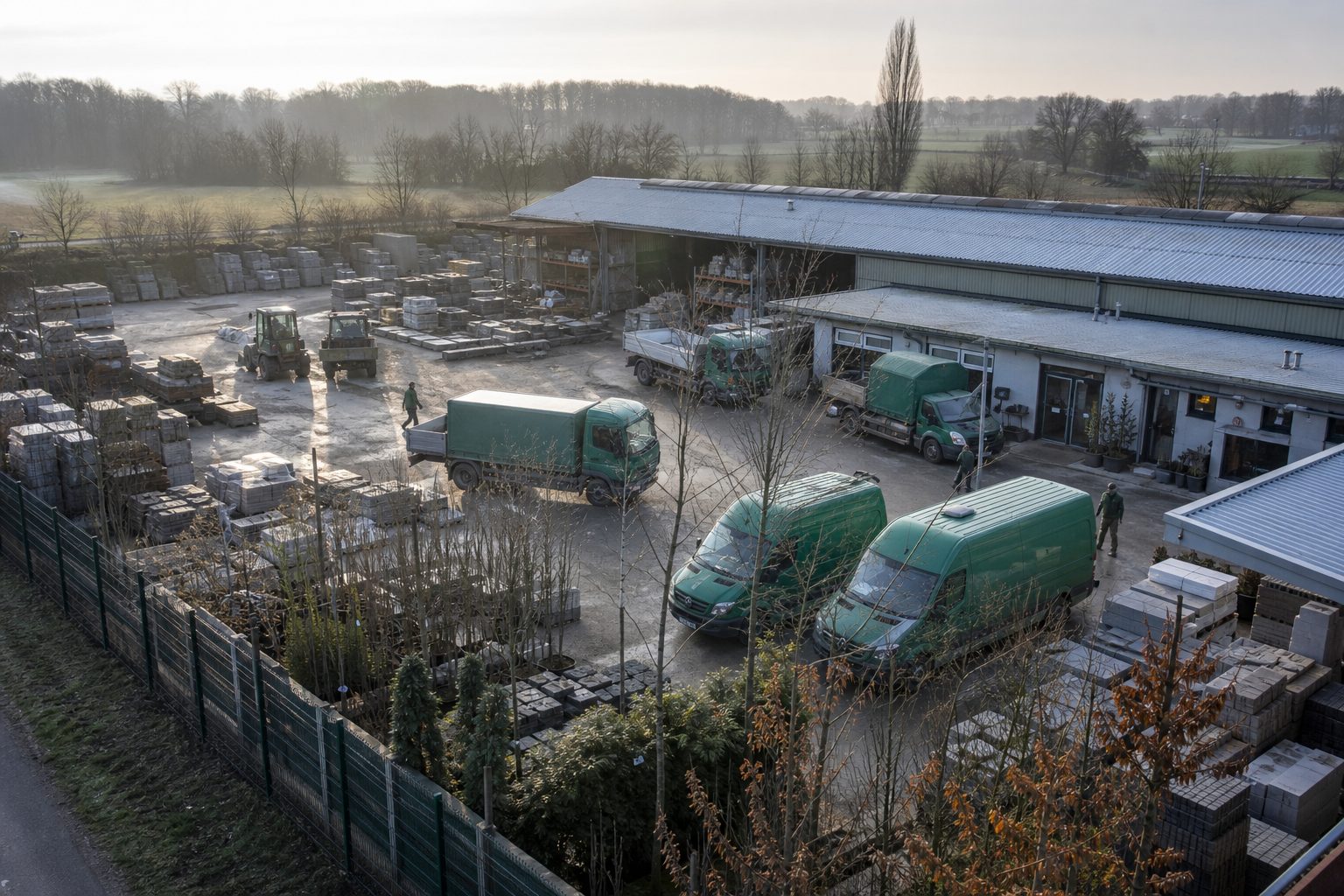Blick über einen großen Betriebshof eines Landschaftsbauunternehmens mit Fahrzeugflotte, Lagerhalle und Pflanzenlager