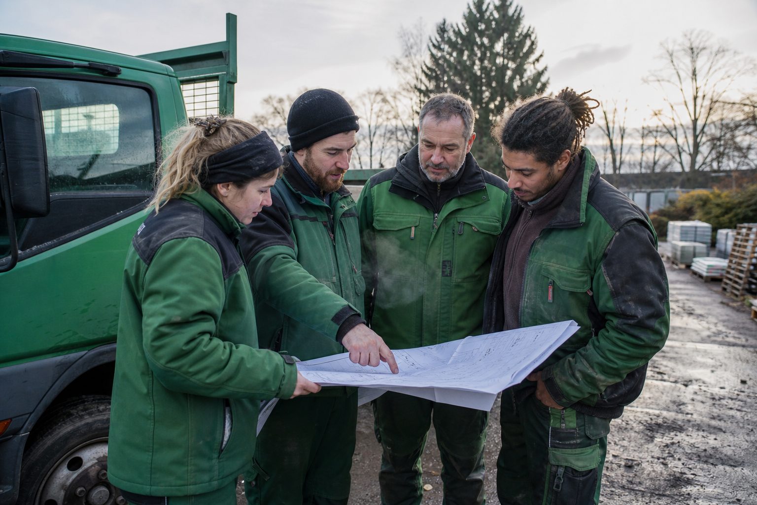 Internationales Team einer Landschaftsbaukolonne bespricht am Morgen den Bauplan auf dem Betriebshof