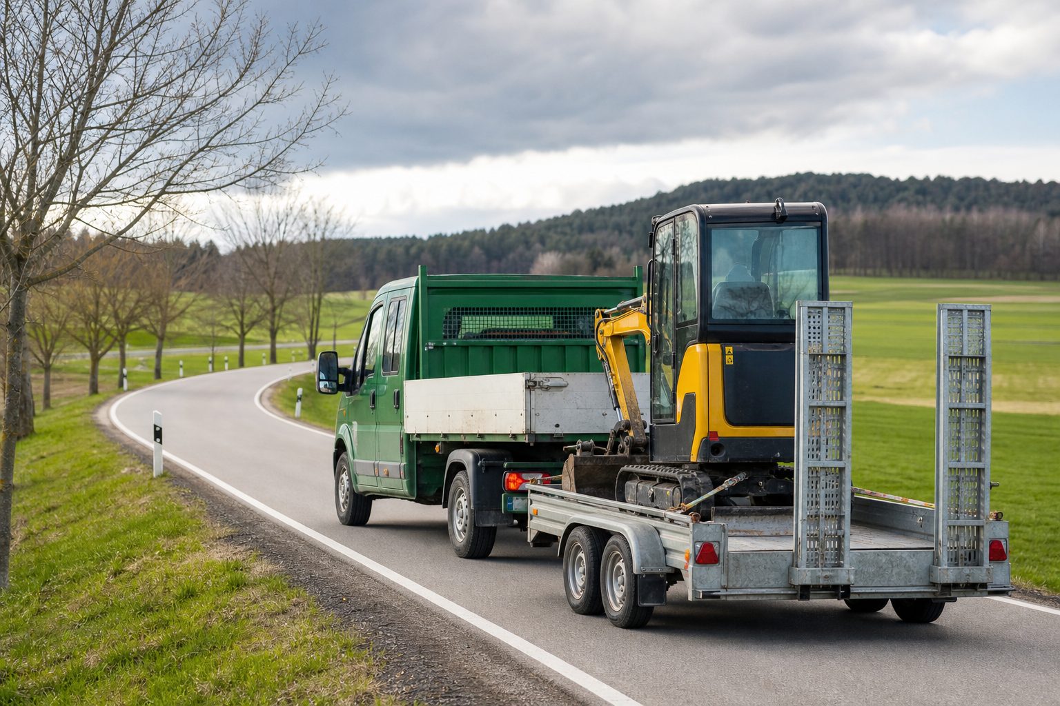 Pritschenwagen eines Landschaftsbaubetriebs mit Minibagger auf dem Anhänger auf einer Landstraße