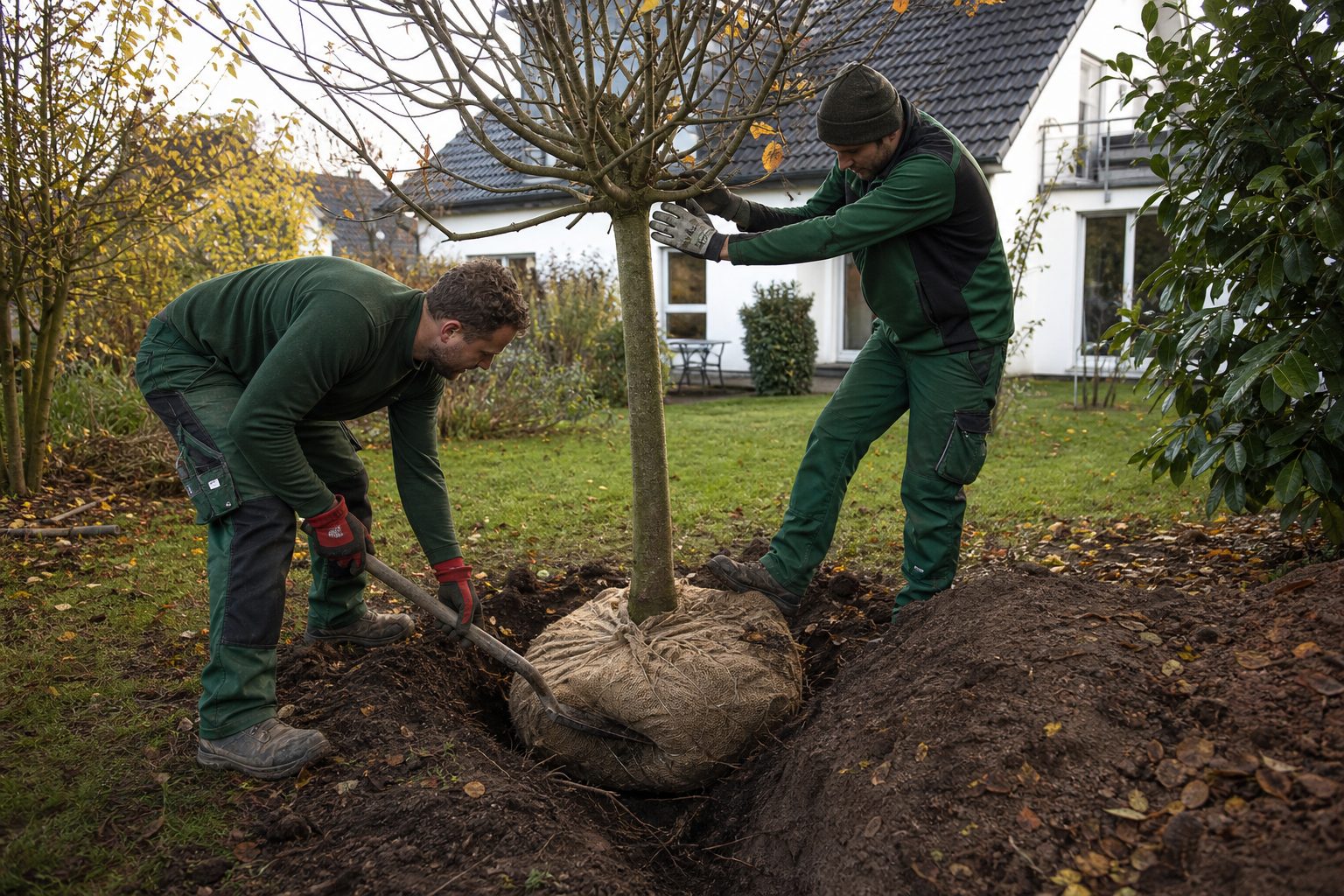 Landschaftsgärtner setzt im Oktober einen Ballenbaum in eine vorbereitete Pflanzgrube, Laub auf dem Boden