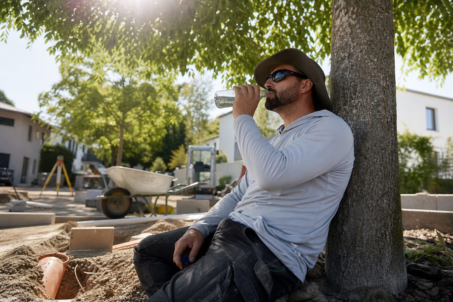 Landschaftsgärtner mit breitkrempigem Hut, langärmligem UV-Shirt und Sonnenbrille trinkt Wasser im Schatten eines Baumes auf der Baustelle
