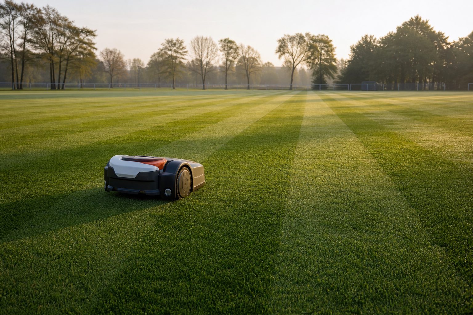 Großer Mähroboter zieht parallele Bahnen auf einem weitläufigen Sportrasen, im Hintergrund Bäume