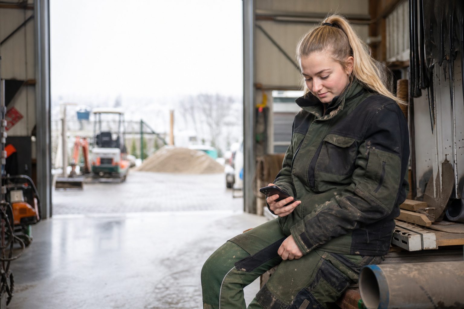 Landschaftsgärtnerin scrollt in der Mittagspause auf dem Smartphone durch Stellenangebote, im Hintergrund ein Bauhof im Winter