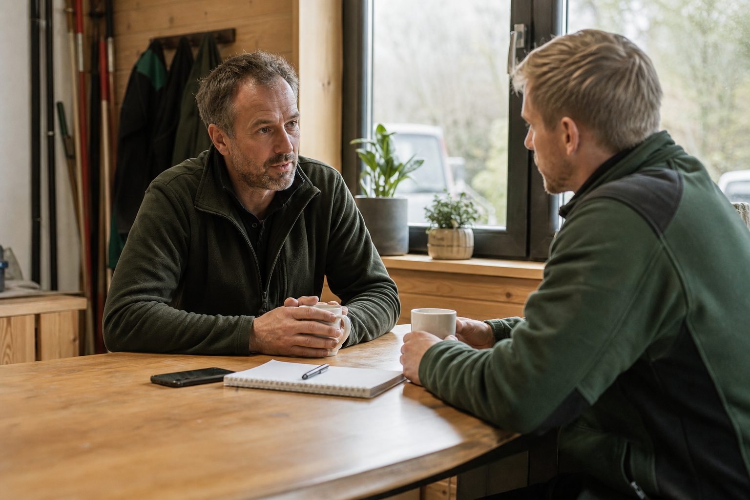 Inhaber und Landschaftsgärtner sitzen im Aufenthaltsraum eines Betriebs zusammen, Kaffee und Notizblock auf dem Tisch