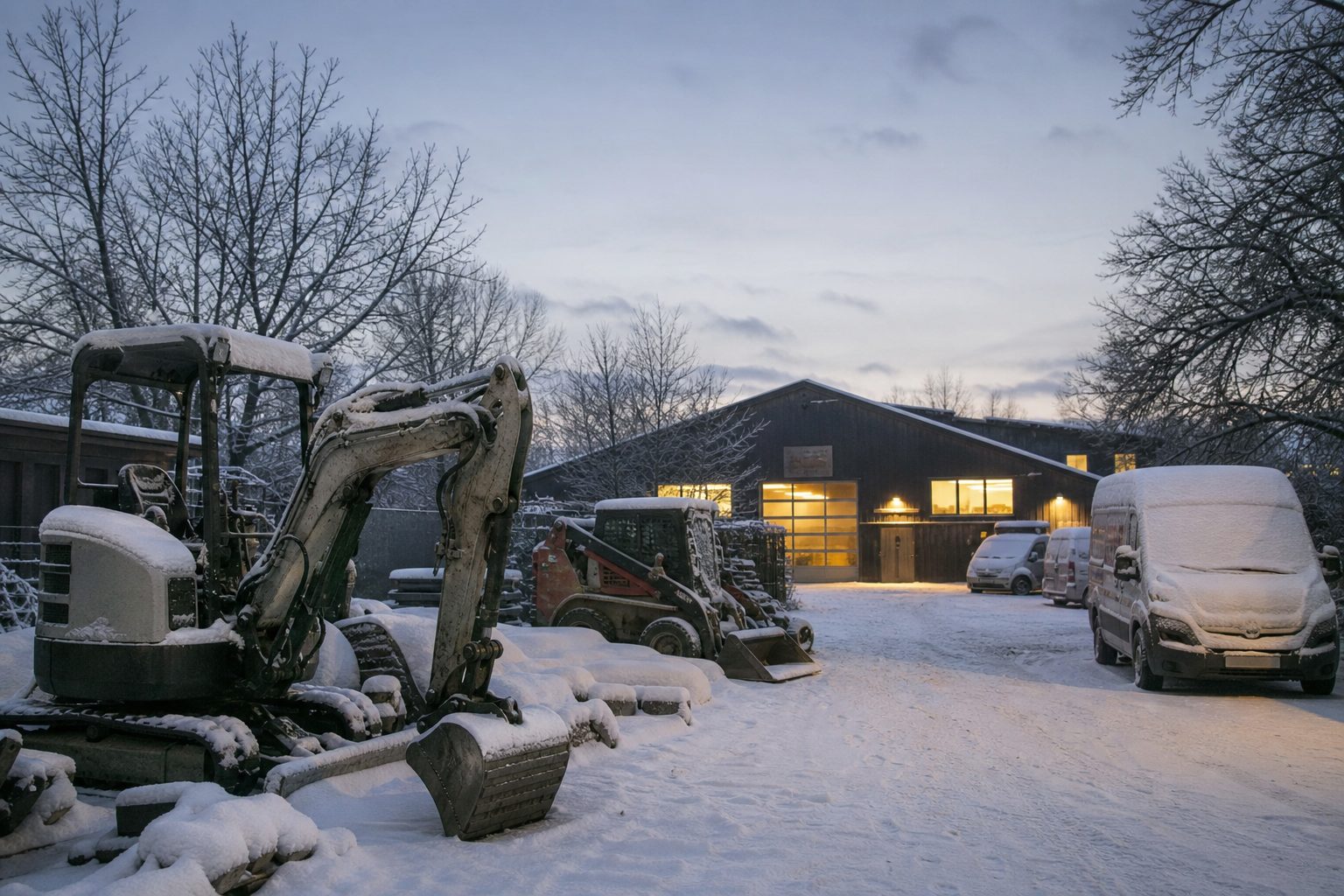 Winterlicher Betriebshof eines Landschaftsbauunternehmens in der Abenddämmerung, Maschinen abgestellt, Licht in der Werkstatt
