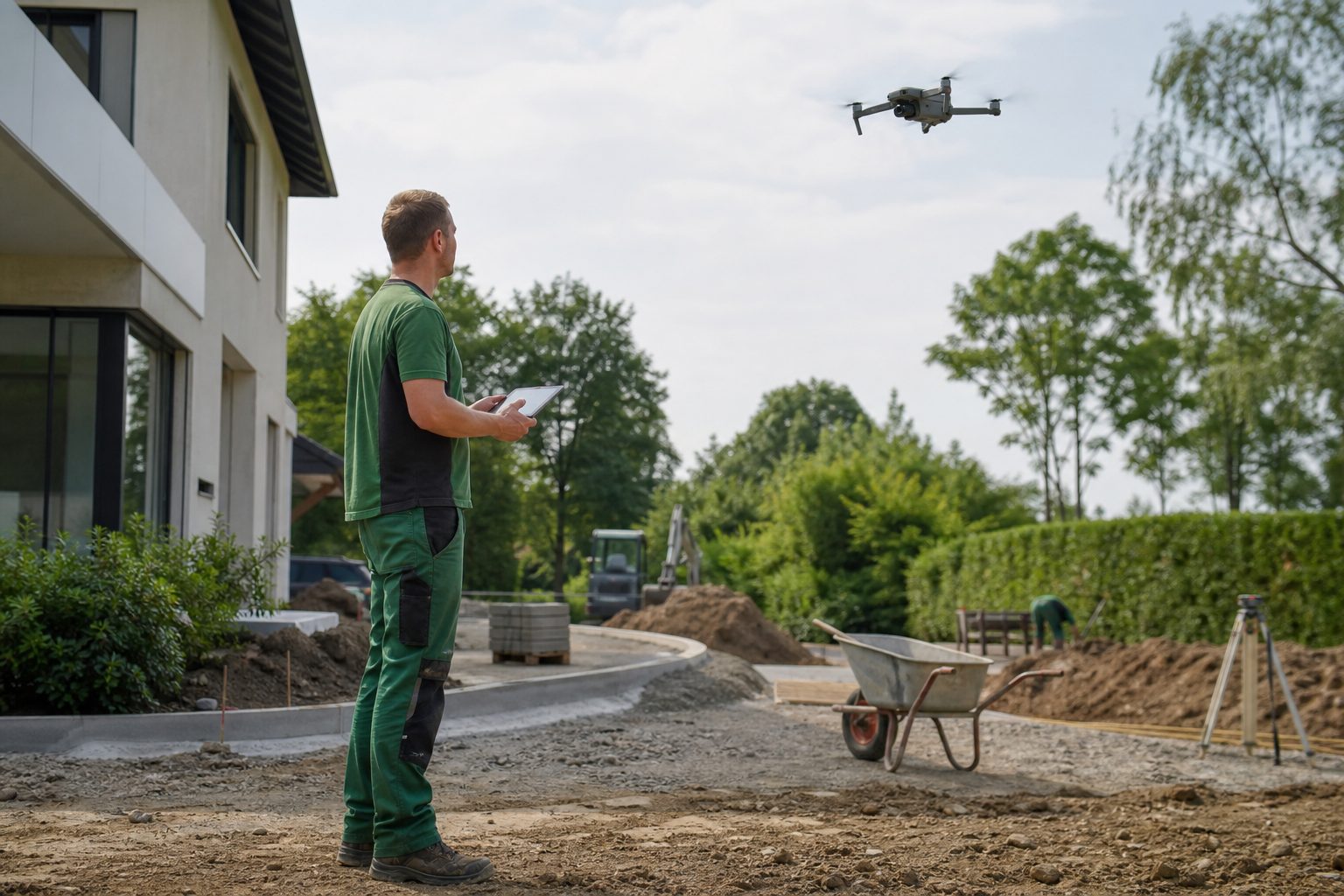 Bauleiter steuert eine Vermessungsdrohne über einer Gartenbaustelle und prüft das Aufmaß auf dem Tablet
