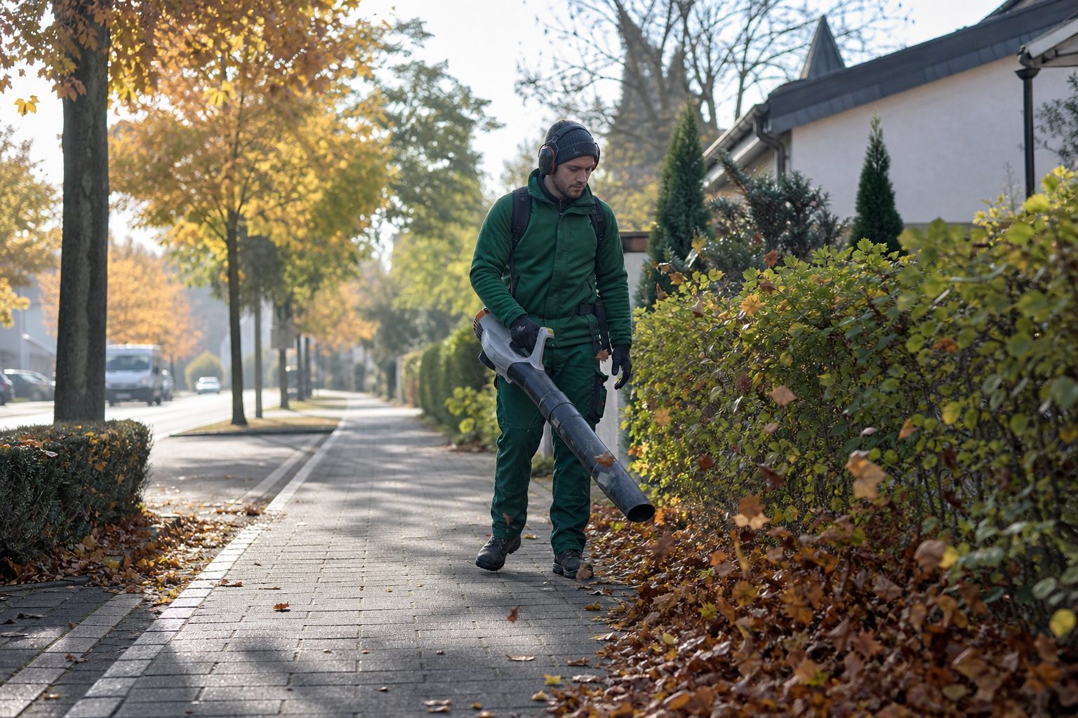 Landschaftsgärtner mit Akku-Laubbläser auf einem Gehweg vor Wohnhäusern im Herbst