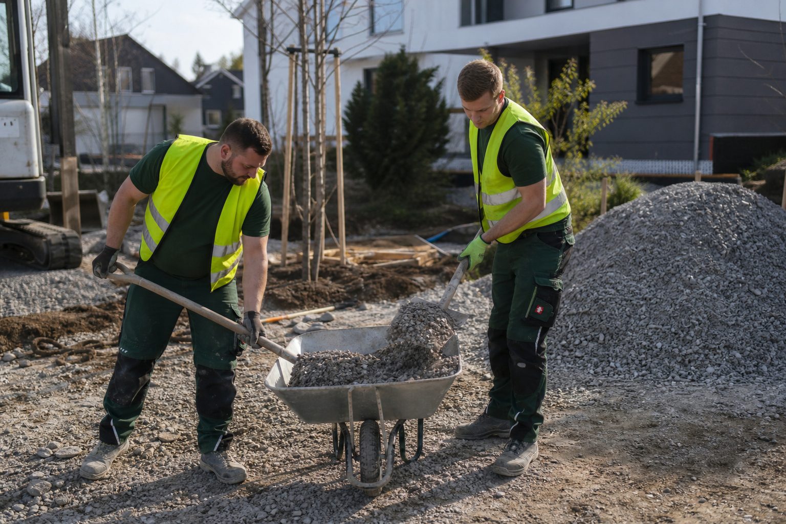 Helfer im Landschaftsbau schaufelt Schotter auf einer Baustelle, Lohnabrechnung symbolisch im Vordergrund nicht sichtbar