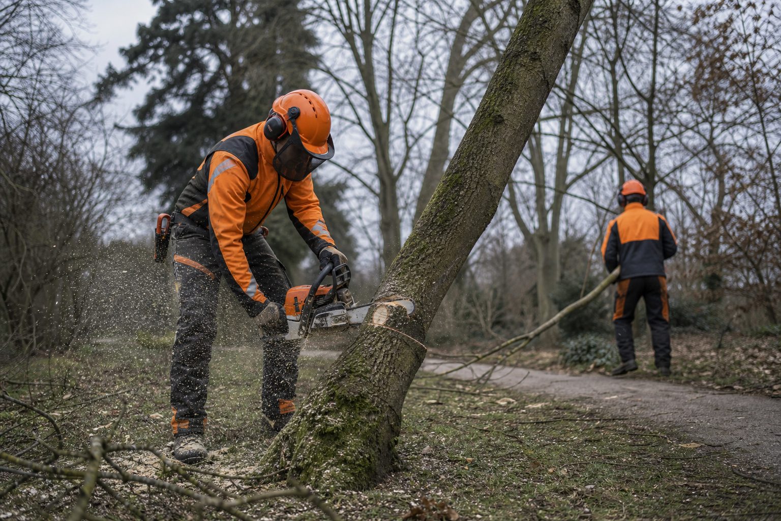 Landschaftsgärtner in Schnittschutzkleidung fällt mit der Motorsäge einen kleinen Baum, Kollege sichert den Rückweg