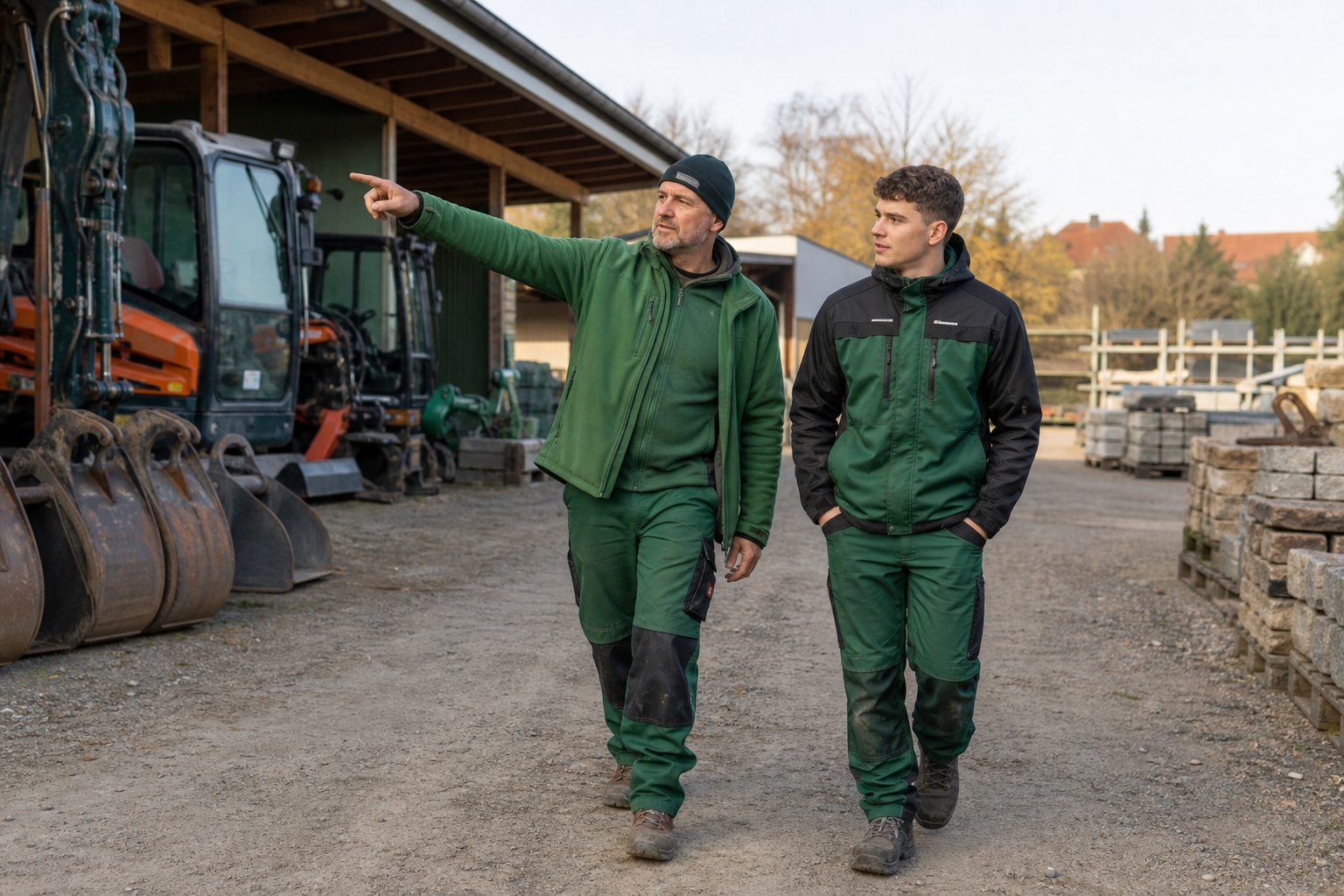 Vorarbeiter zeigt einem neuen Mitarbeiter am ersten Arbeitstag den Betriebshof und die Maschinen