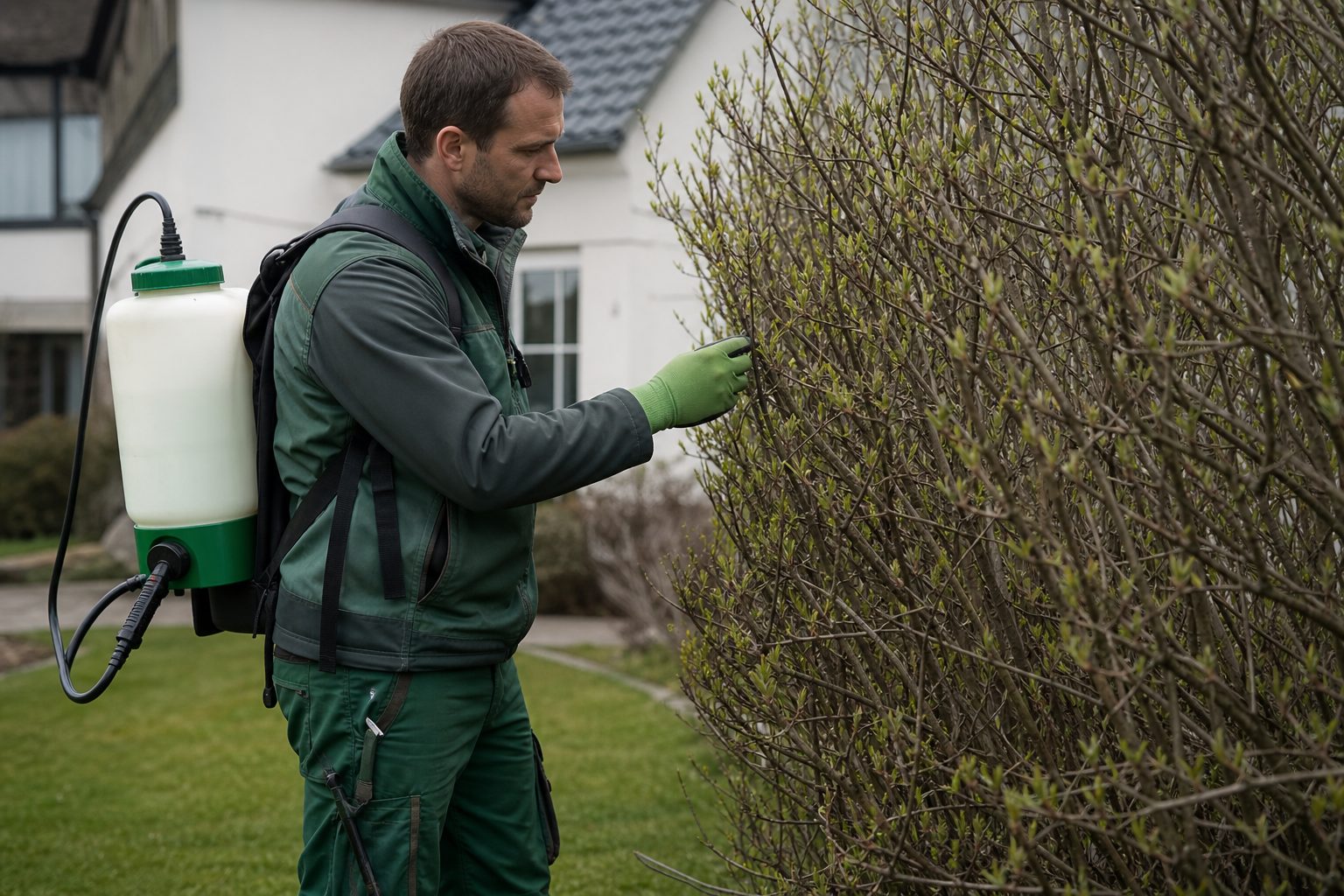 Landschaftsgärtner mit Rückenspritze und Schutzausrüstung kontrolliert eine Hecke in einer Gartenanlage