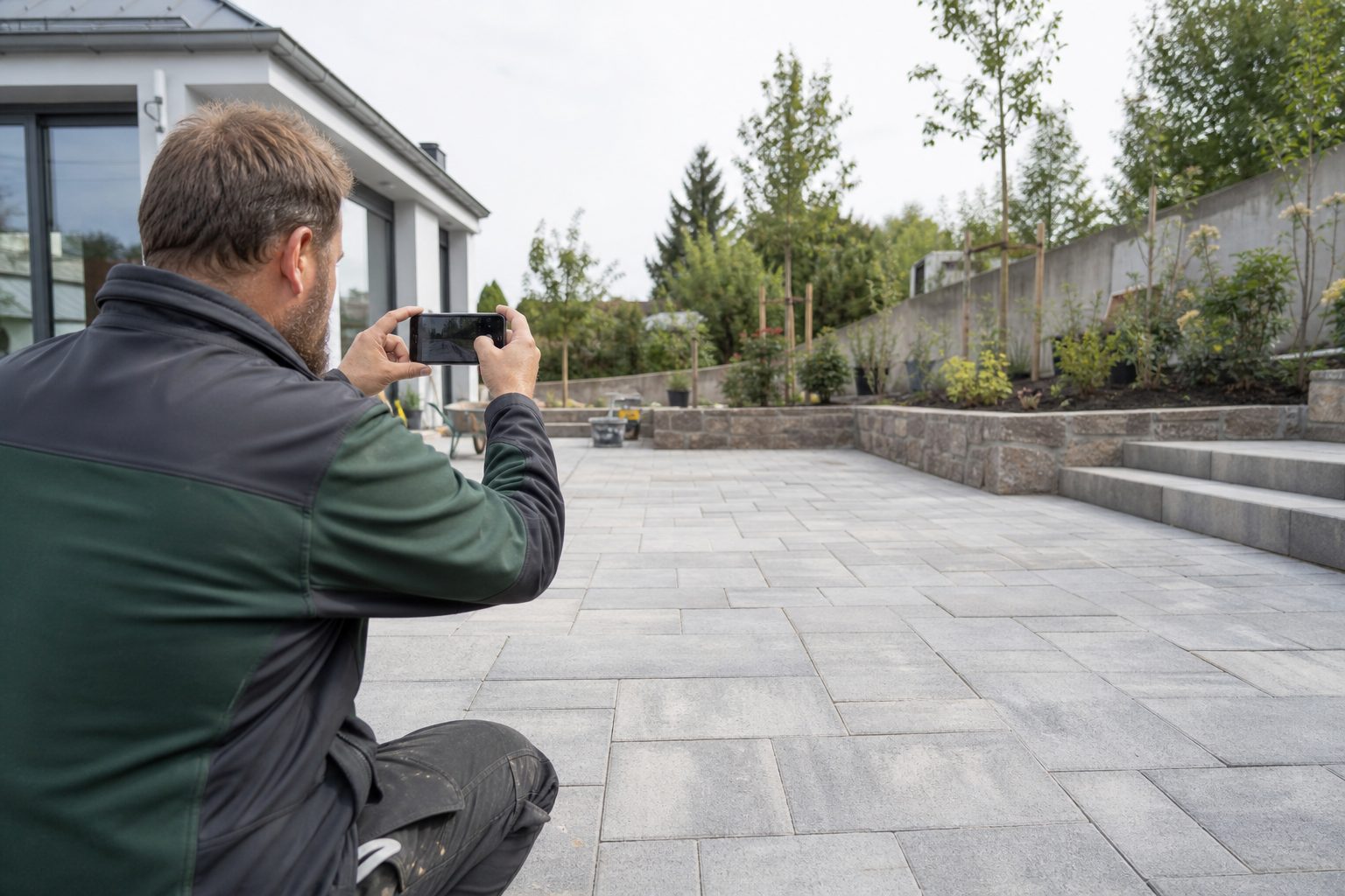 Vorarbeiter fotografiert mit dem Smartphone eine Pflasterfläche, im Hintergrund die fertige Terrasse