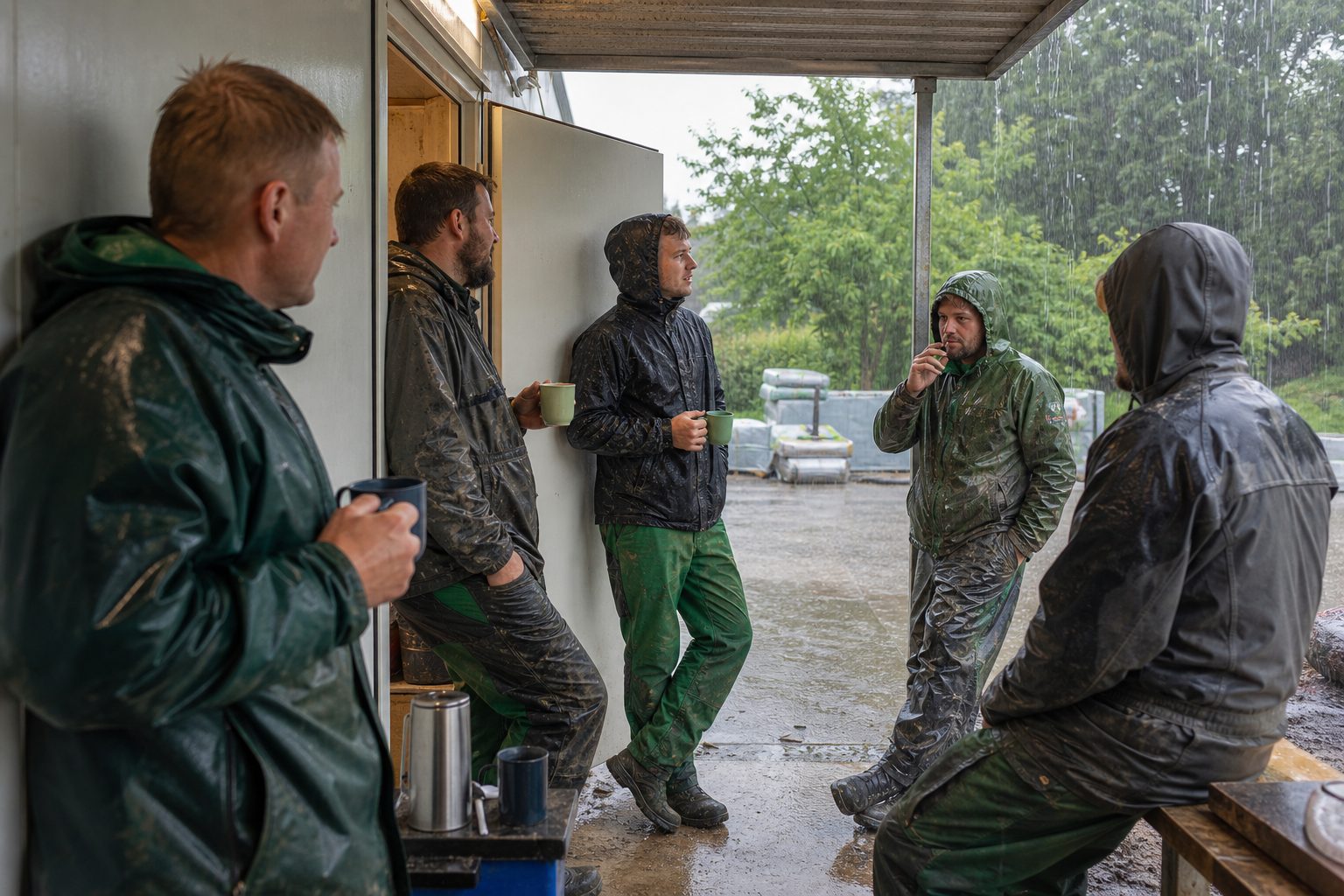Kolonne wartet im Regen unter dem Vordach eines Bauwagens, Regenkleidung tropft