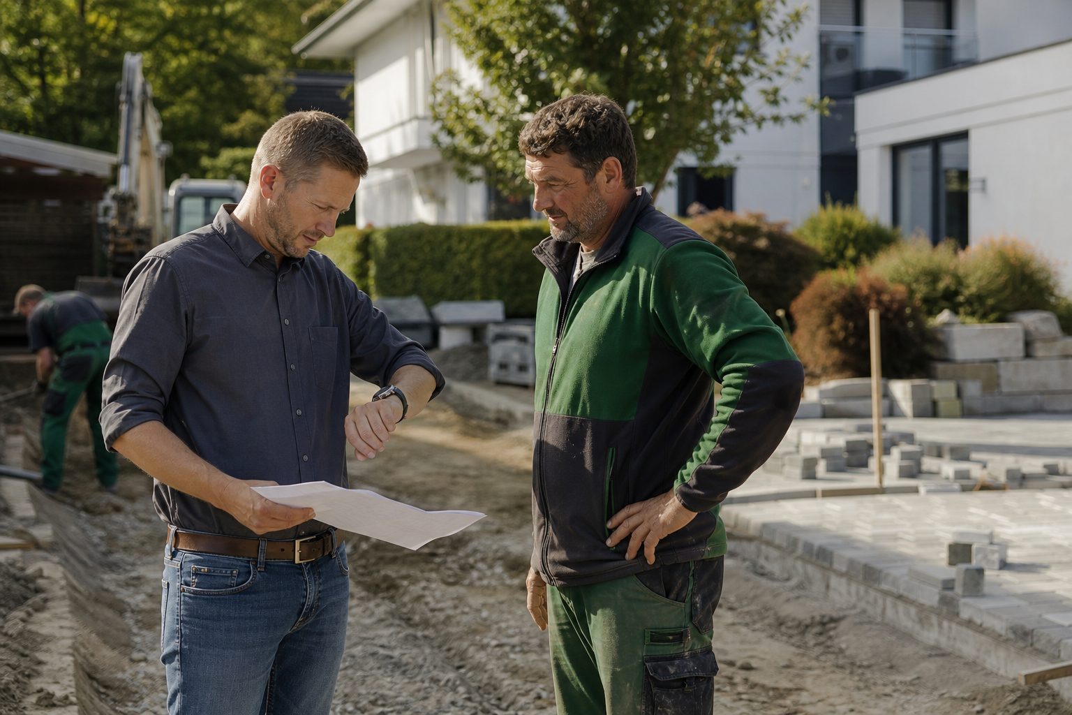 Bauleiter und Vorarbeiter besprechen am späten Nachmittag auf der Baustelle den Zeitplan, Uhr am Handgelenk im Bild