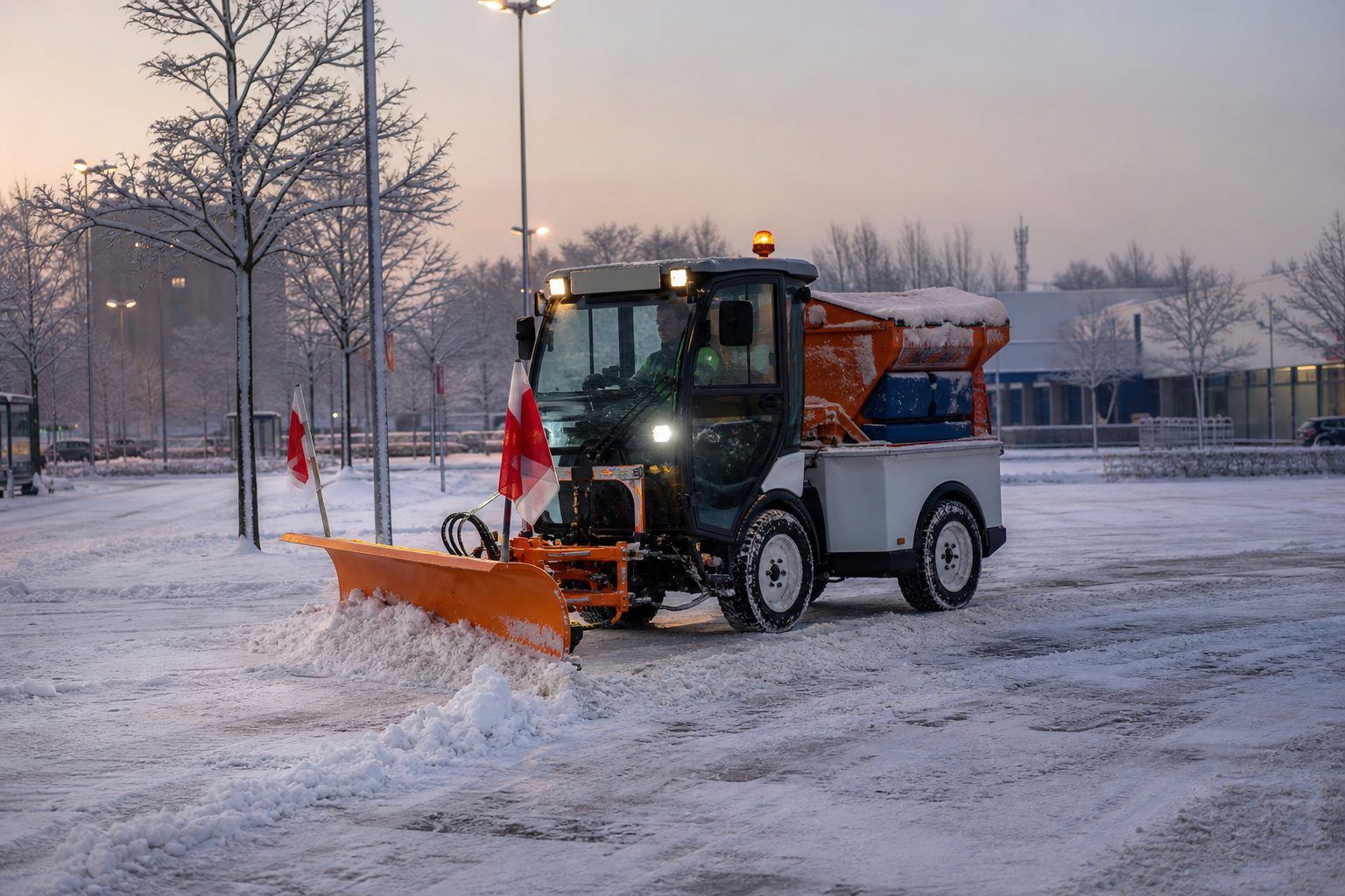 Räumfahrzeug streut am frühen Sonntagmorgen einen verschneiten Parkplatz vor einem Supermarkt