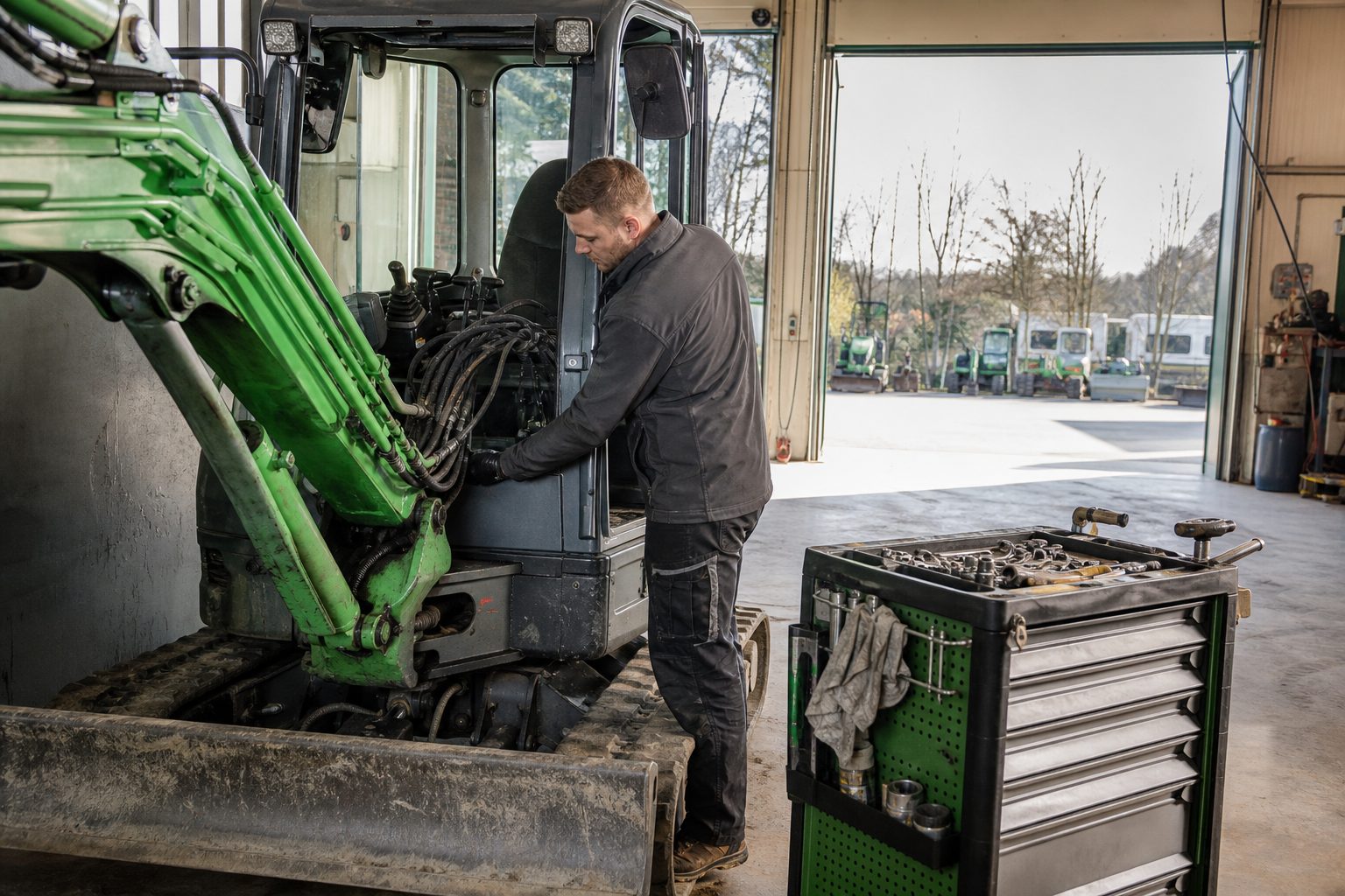 Mechaniker prüft die Hydraulikschläuche eines Minibaggers in der Werkstatthalle eines Landschaftsbaubetriebs