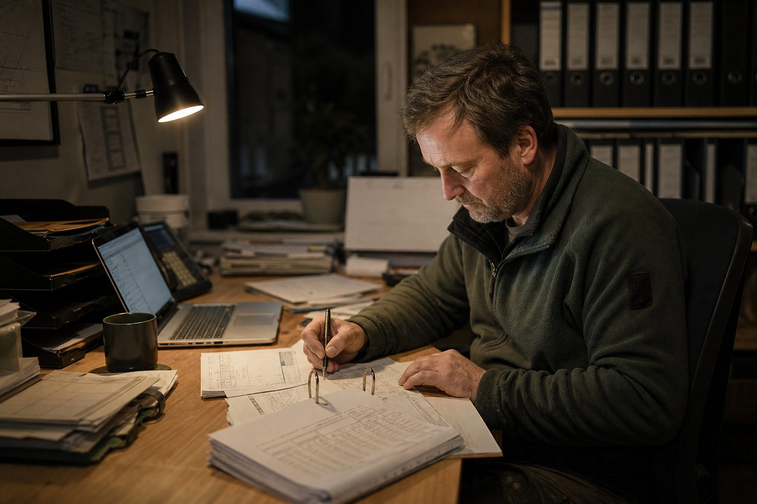 Inhaber eines Landschaftsbaubetriebs abends am Schreibtisch zwischen Aktenordnern, Laptop und Stundenzetteln