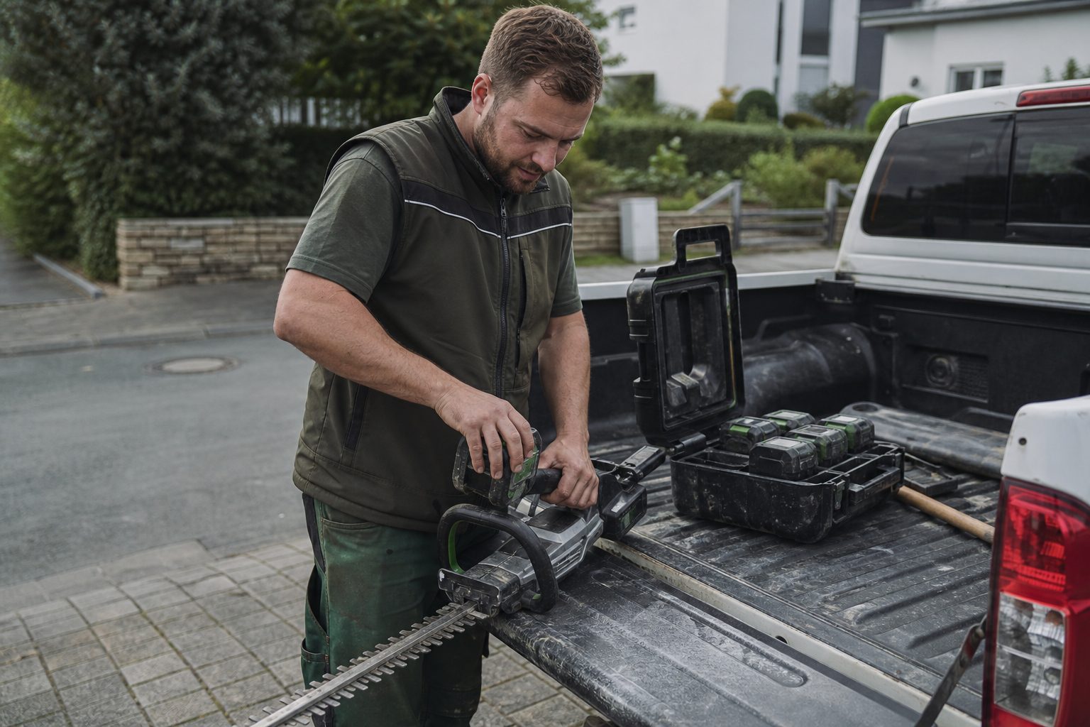 Landschaftsgärtner wechselt den Akku einer Heckenschere an einem Pritschenwagen, mehrere Akkus im Ladekoffer