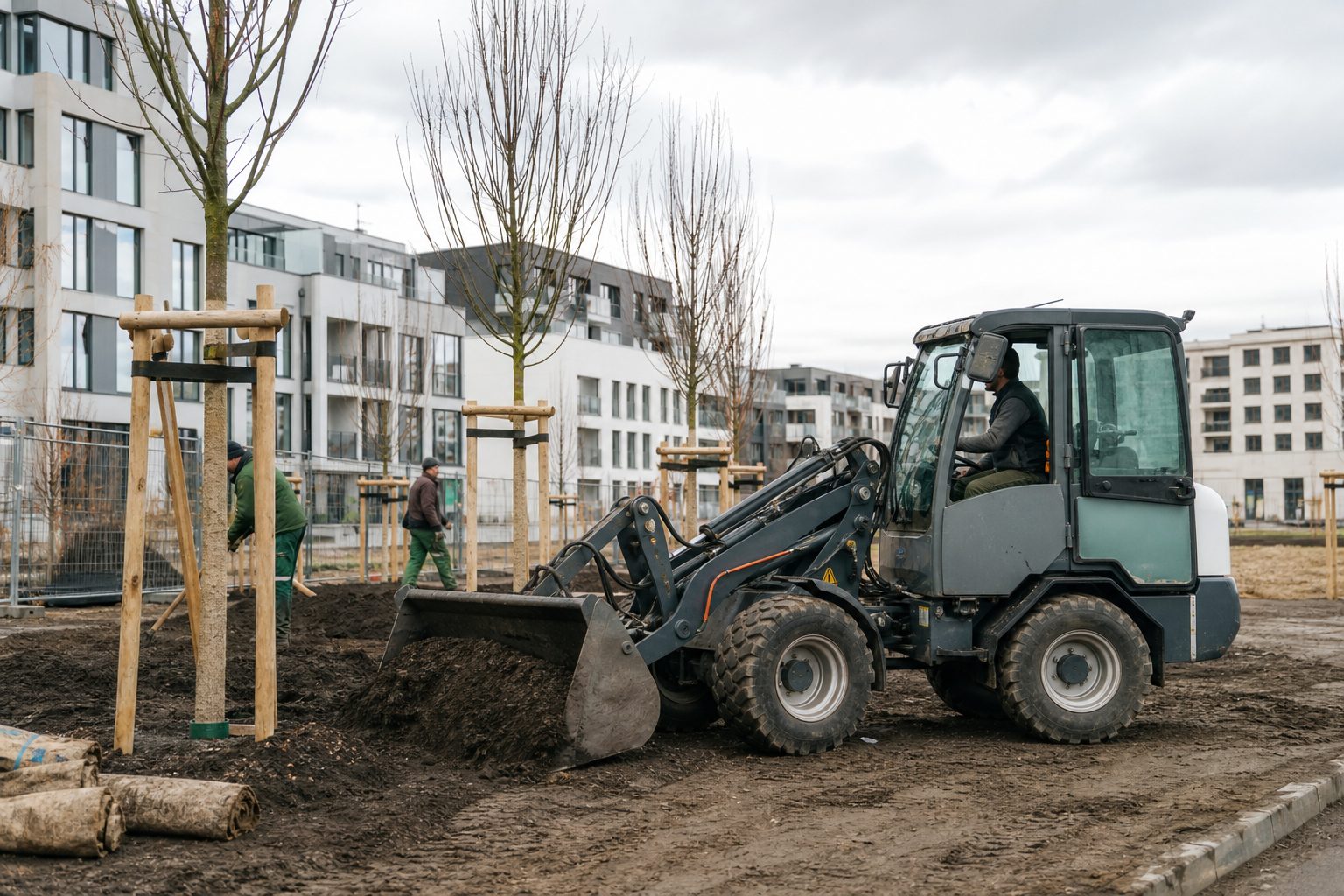 Elektrischer Kompaktradlader auf einer innerstädtischen Baustelle neben frisch gepflanzten Bäumen