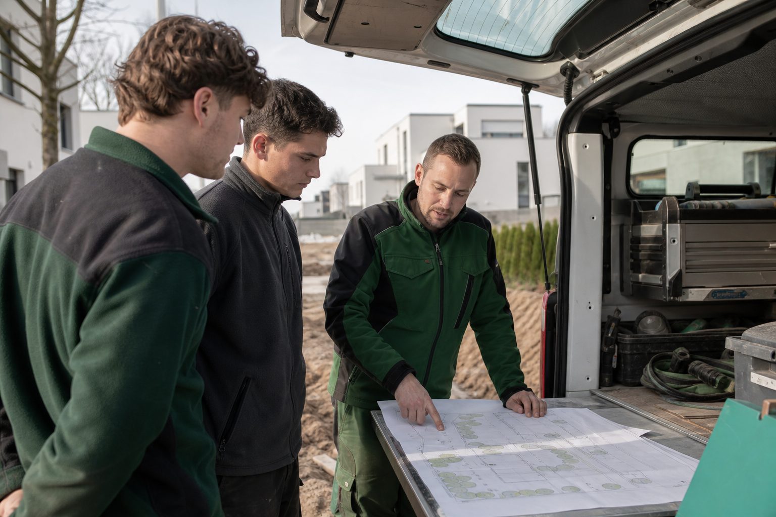 Bauleiter erklärt zwei Landschaftsgärtnern einen Plan am Heck eines Transporters auf der Baustelle