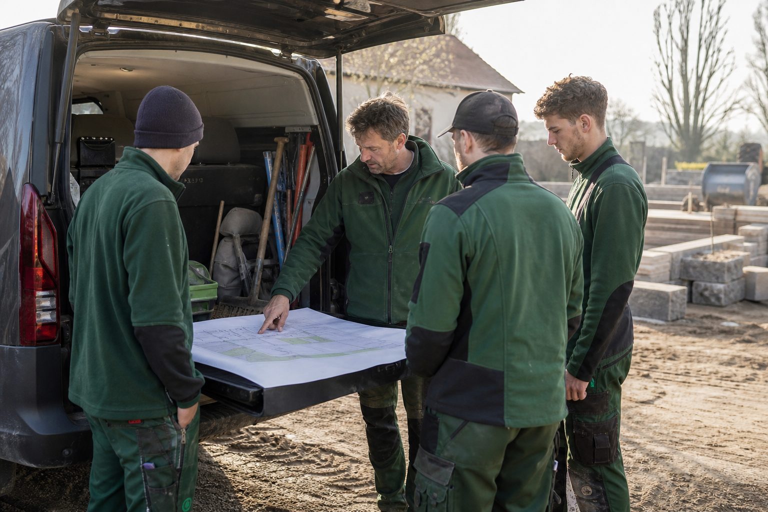 Vorarbeiter bespricht am Morgen mit seiner dreiköpfigen Kolonne den Plan an der Ladefläche des Transporters