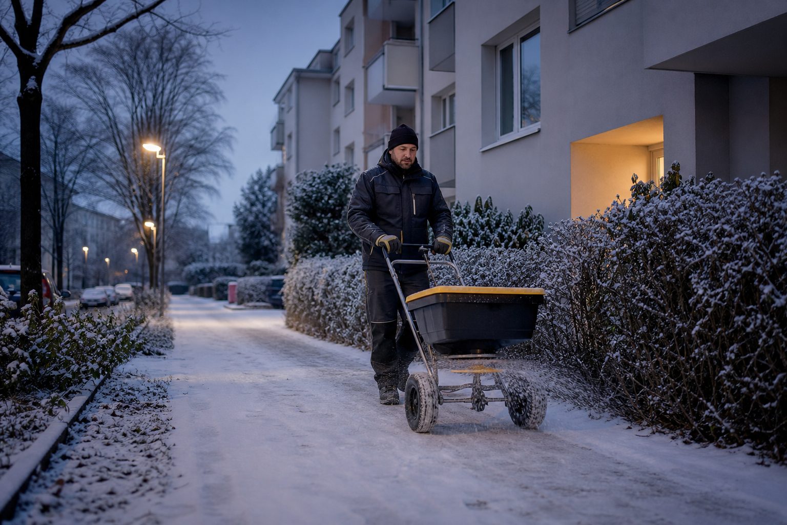 Mitarbeiter eines Landschaftsbaubetriebs streut bei Dämmerung mit einem Streuwagen einen verschneiten Gehweg vor einem Wohnhaus