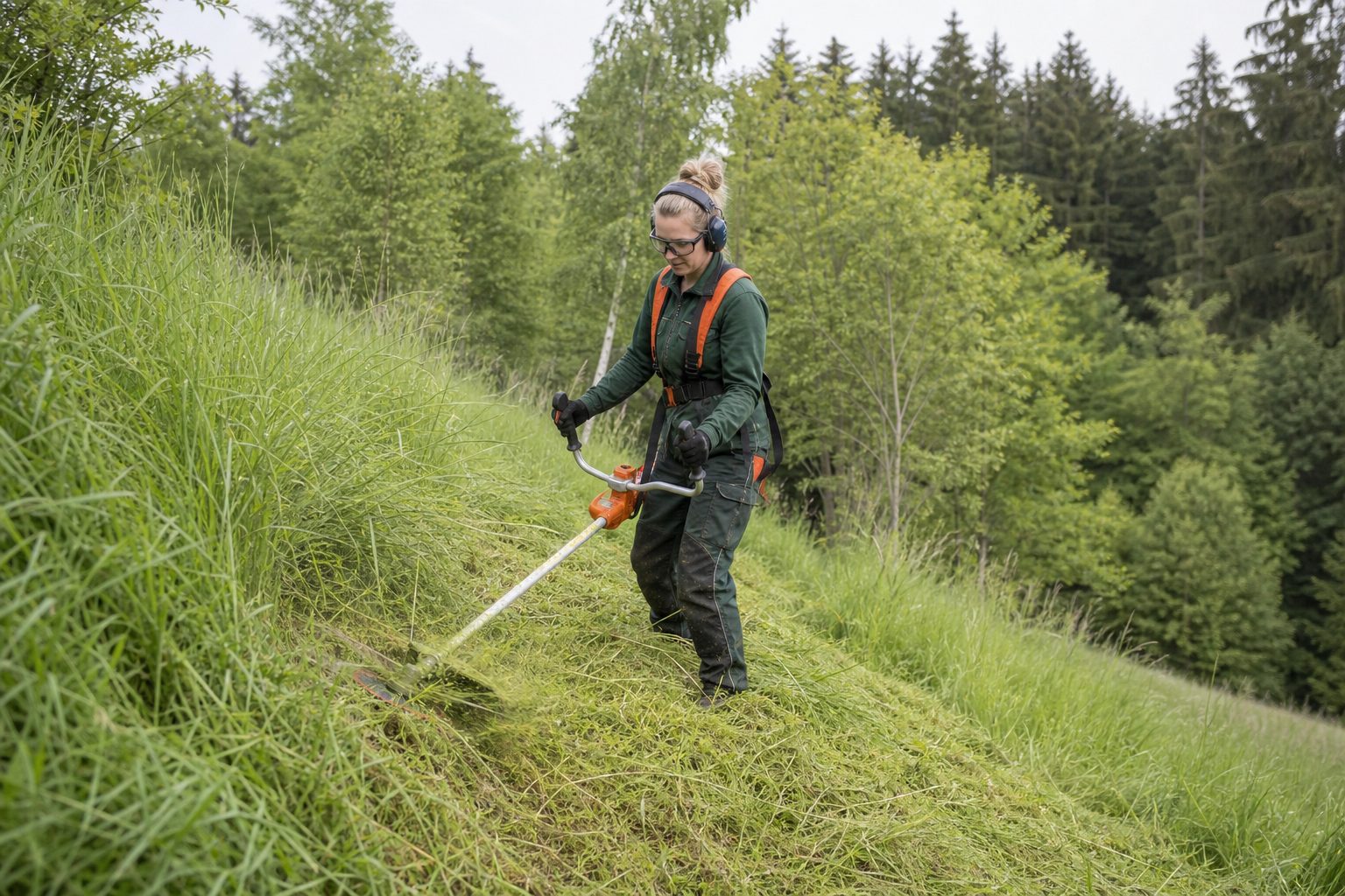 Landschaftsgärtnerin in langer Arbeitskleidung mäht eine Böschung mit hohem Gras, Waldrand im Hintergrund