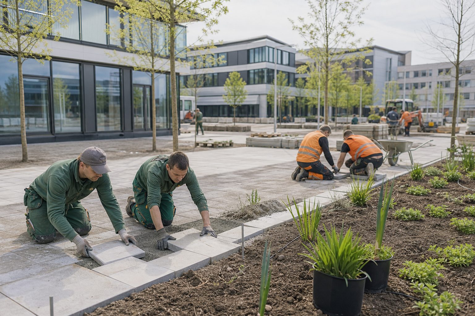 Zwei Kolonnen verschiedener Betriebe arbeiten gemeinsam auf einer großen Außenanlagen-Baustelle