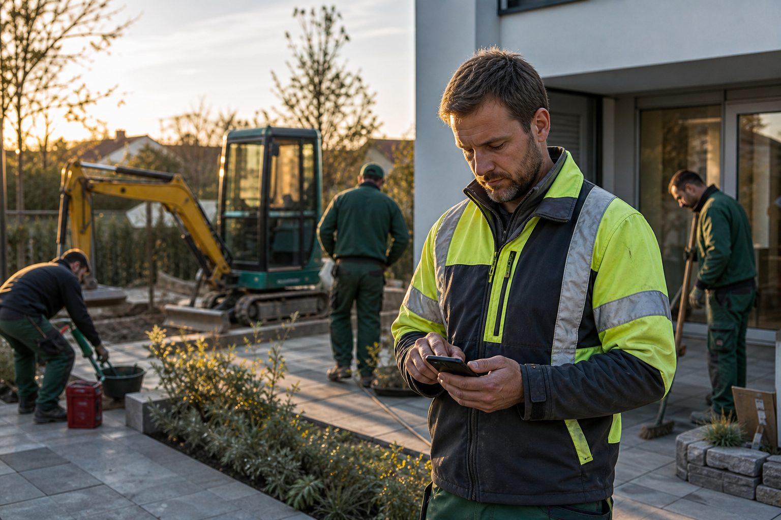 Vorarbeiter bucht auf dem Smartphone die Arbeitszeit seiner Kolonne am Ende des Tages auf der Baustelle