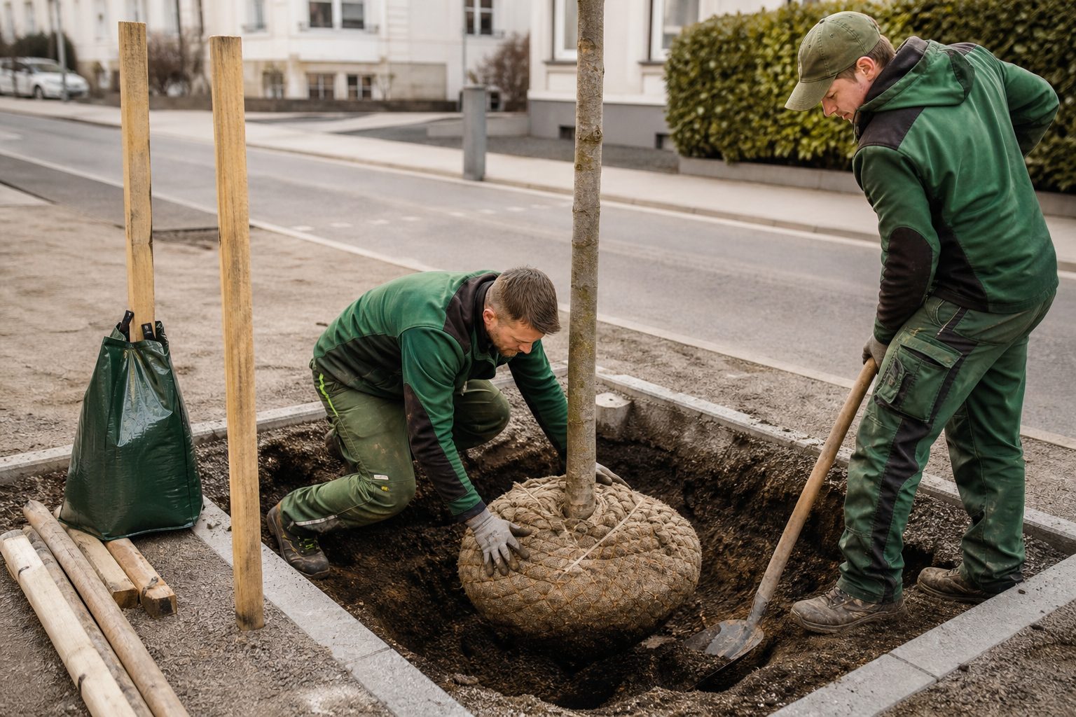 Landschaftsgärtner pflanzen einen jungen Straßenbaum mit Ballen in eine vorbereitete Baumgrube